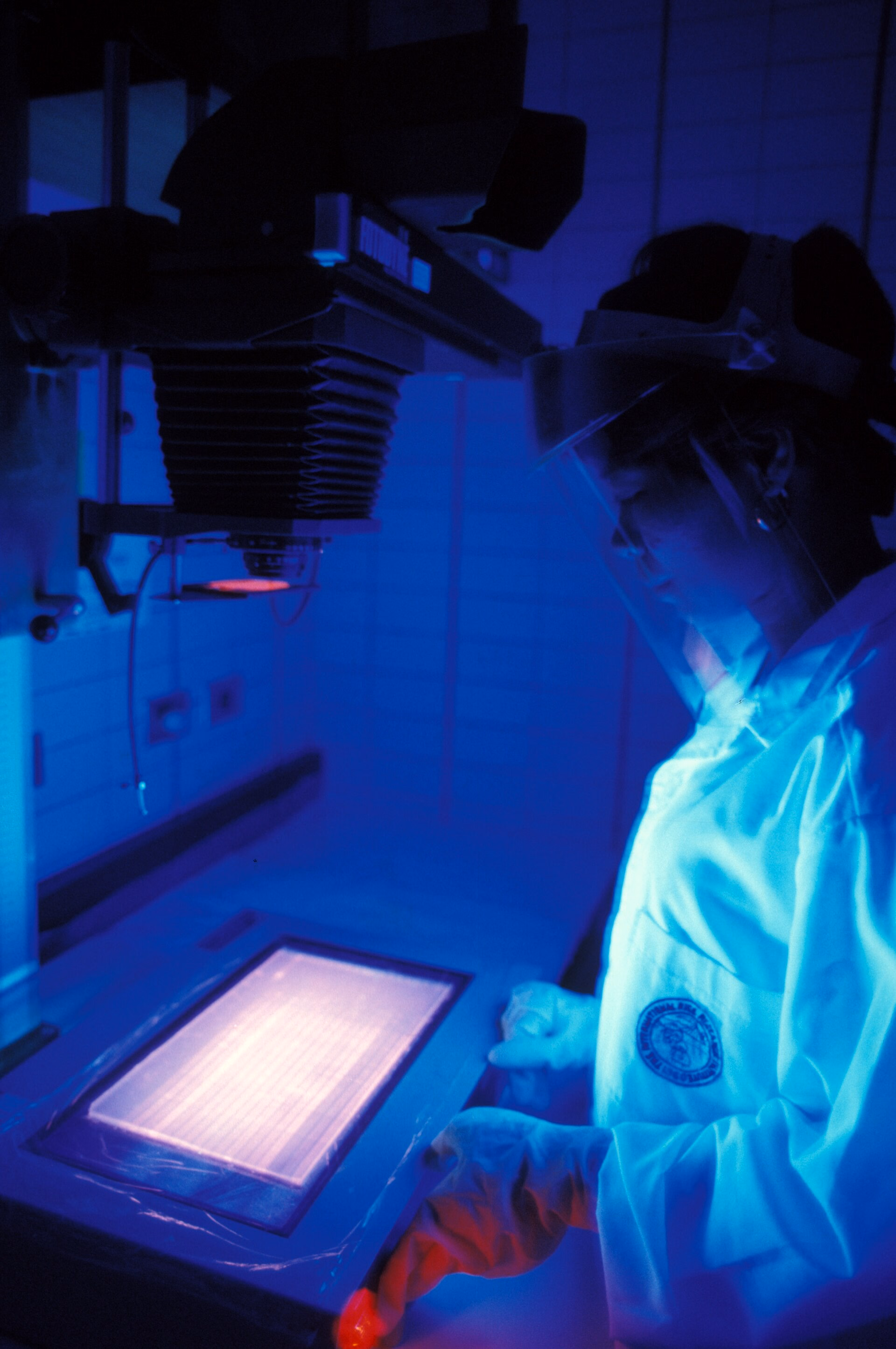 Researcher reviewing rice DNA profiles under ultraviolet light at IRRI
